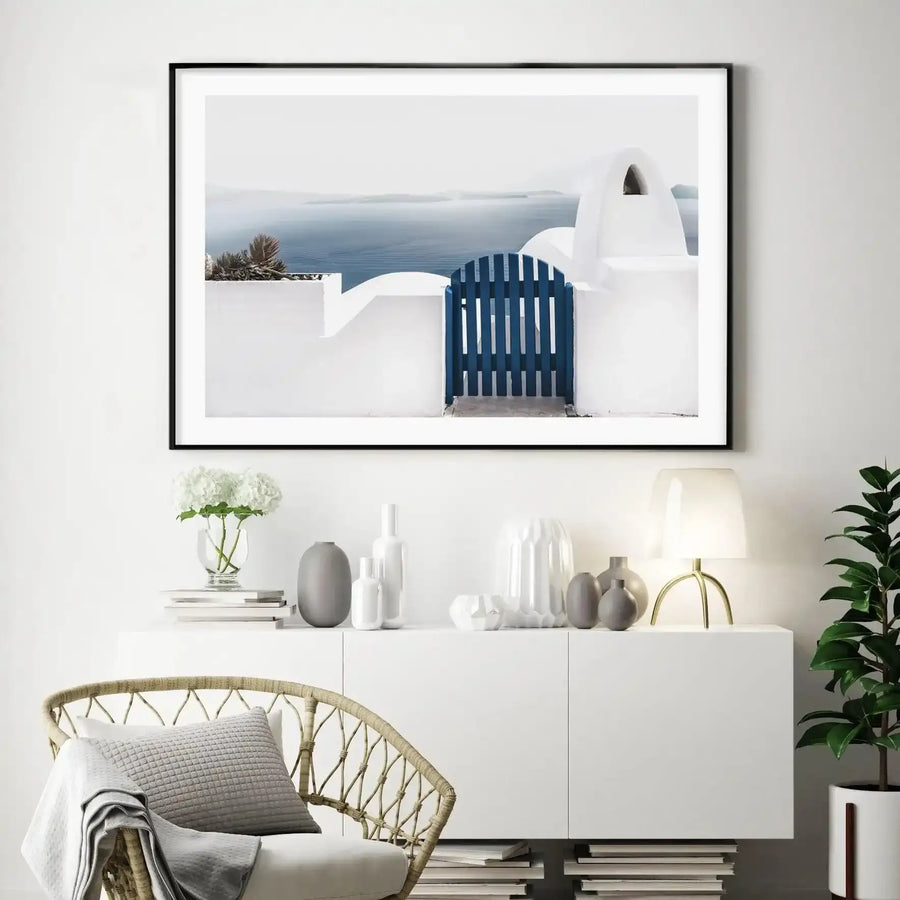 Vista di Santorini Art Print-Shop Greece Wall Art Prints Online with Olive et Oriel - Our collection of Greek Islands art prints offer unique wall art including blue domes of Santorini in Oia, mediterranean sea prints and incredible posters from Milos and other Greece landscape photography - this collection will add mediterranean blue to your home, perfect for updating the walls in coastal, beach house style. There is Greece art on canvas and extra large wall art with fast, free shipping across 