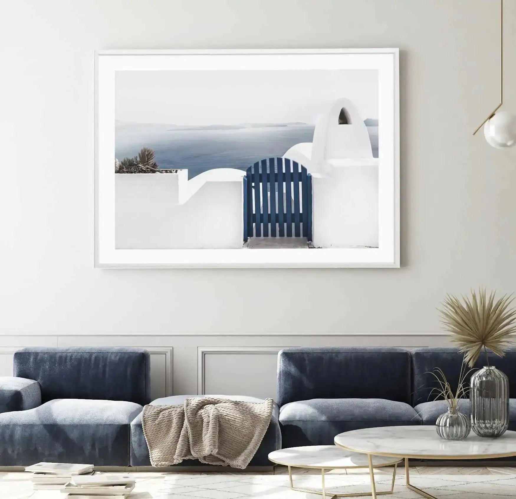 Vista di Santorini Art Print-Shop Greece Wall Art Prints Online with Olive et Oriel - Our collection of Greek Islands art prints offer unique wall art including blue domes of Santorini in Oia, mediterranean sea prints and incredible posters from Milos and other Greece landscape photography - this collection will add mediterranean blue to your home, perfect for updating the walls in coastal, beach house style. There is Greece art on canvas and extra large wall art with fast, free shipping across 