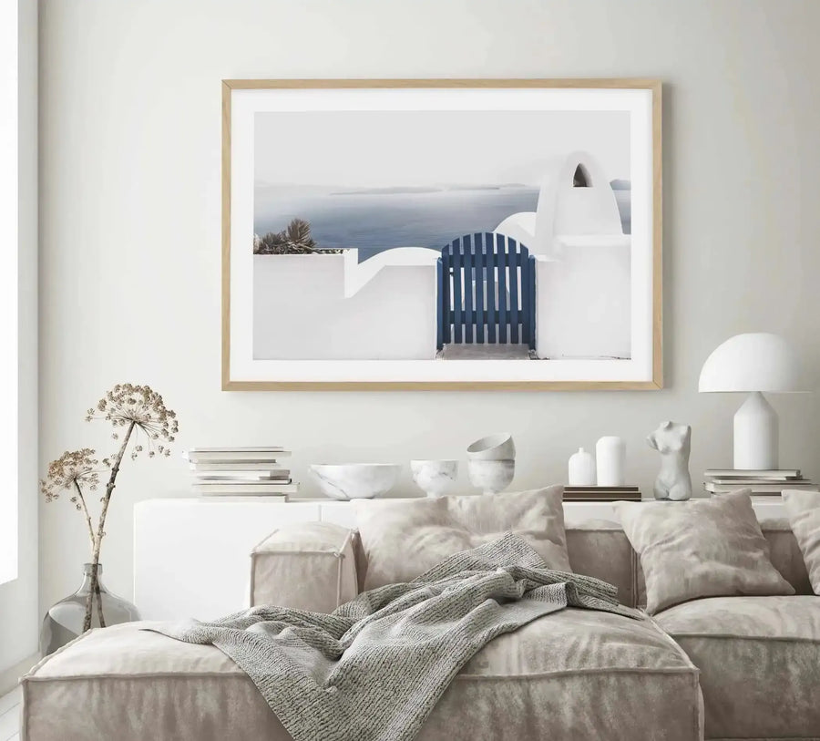 Vista di Santorini Art Print-Shop Greece Wall Art Prints Online with Olive et Oriel - Our collection of Greek Islands art prints offer unique wall art including blue domes of Santorini in Oia, mediterranean sea prints and incredible posters from Milos and other Greece landscape photography - this collection will add mediterranean blue to your home, perfect for updating the walls in coastal, beach house style. There is Greece art on canvas and extra large wall art with fast, free shipping across 