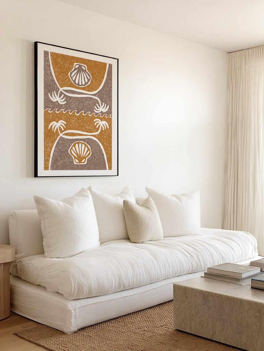 Wave Shells And Palm Trees Yellow Taupe by Shatha Al Dafai | Art Print from Olive et Oriel where you can shop wallpaper and artworks online