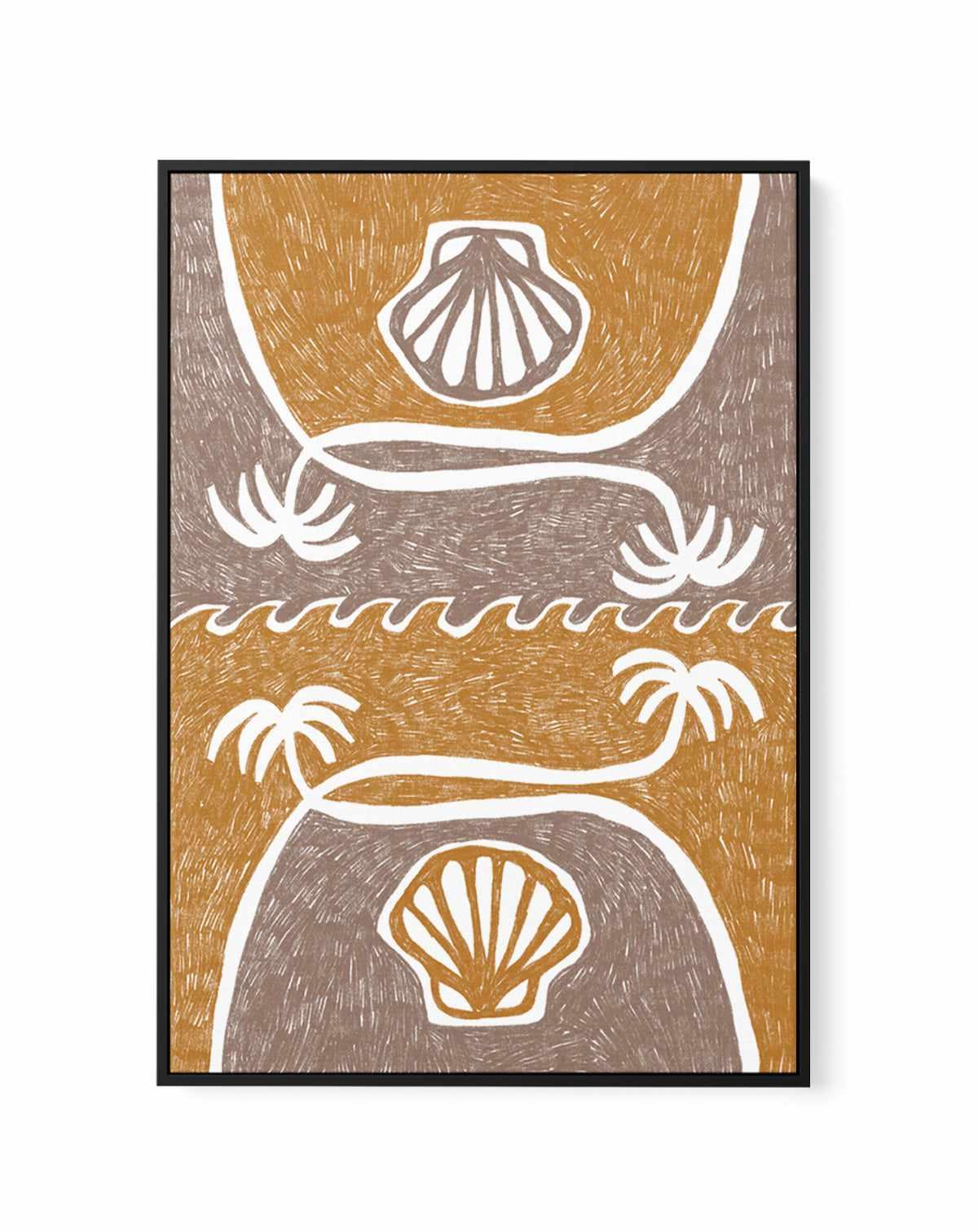 Wave Shells And Palm Trees Yellow Taupe by Shatha Al Dafai | Framed Canvas Art Print from Olive et Oriel where you can shop wallpaper and artworks online