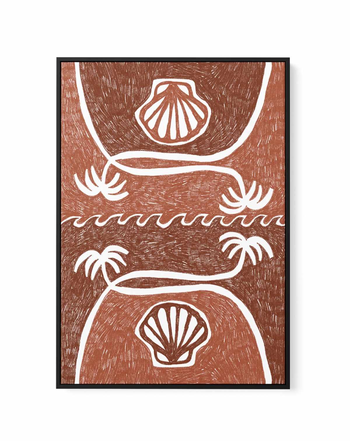 Wave Shells And Palm Trees Brown Terracotta by Shatha Al Dafai | Framed Canvas Art Print from Olive et Oriel where you can shop wallpaper and artworks online