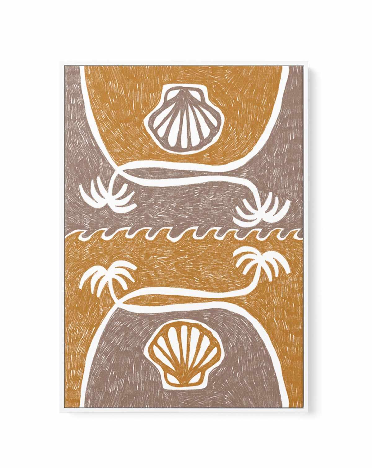 Wave Shells And Palm Trees Yellow Taupe by Shatha Al Dafai | Framed Canvas Art Print from Olive et Oriel where you can shop wallpaper and artworks online