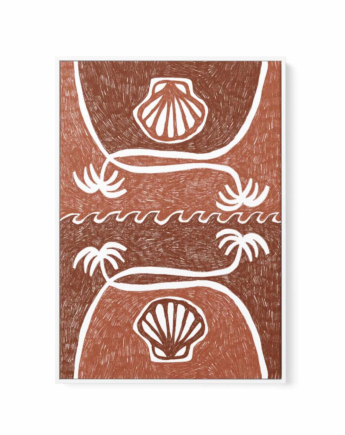 Wave Shells And Palm Trees Brown Terracotta by Shatha Al Dafai | Framed Canvas Art Print from Olive et Oriel where you can shop wallpaper and artworks online