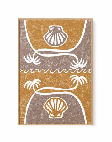 Wave Shells And Palm Trees Yellow Taupe by Shatha Al Dafai | Framed Canvas Art Print from Olive et Oriel where you can shop wallpaper and artworks online
