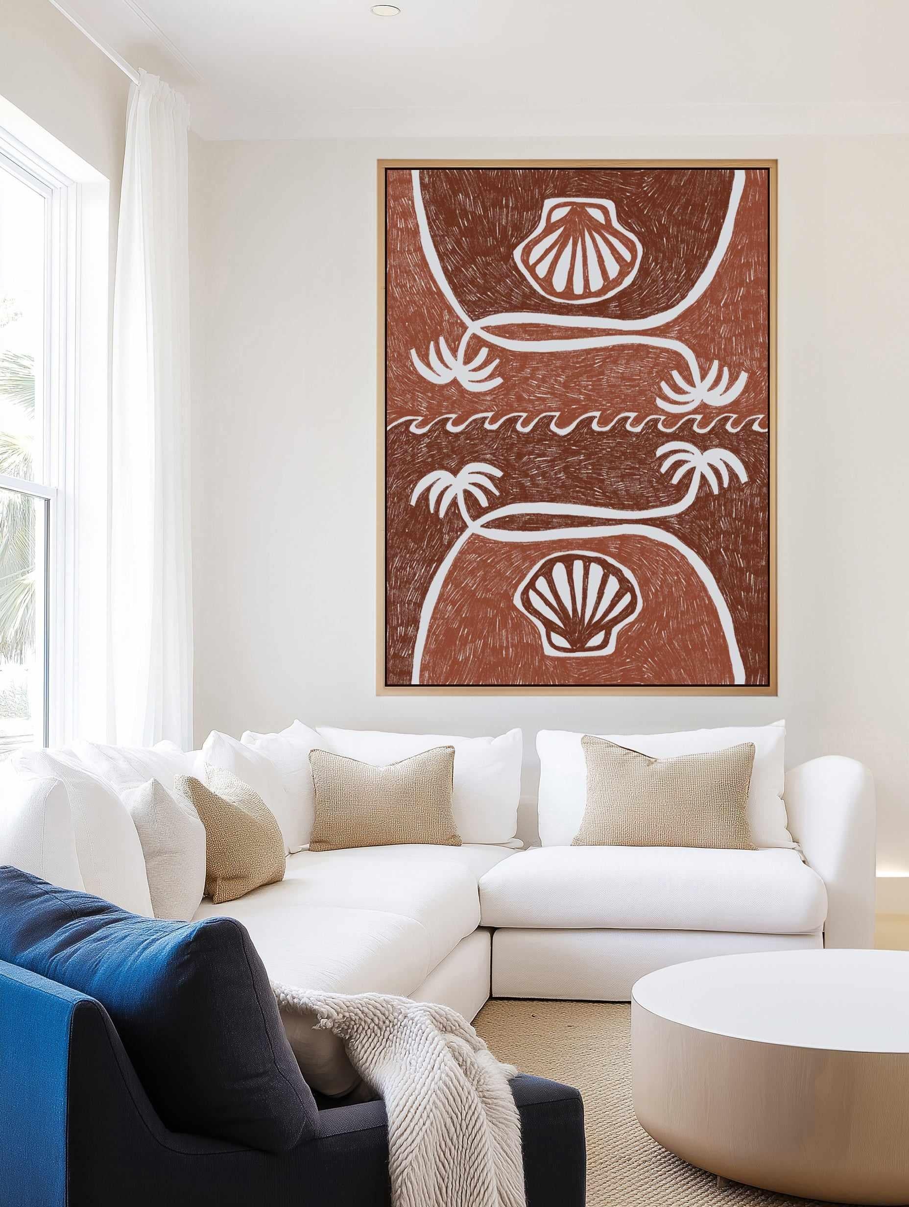 Wave Shells And Palm Trees Brown Terracotta by Shatha Al Dafai | Framed Canvas Art Print from Olive et Oriel where you can shop wallpaper and artworks online