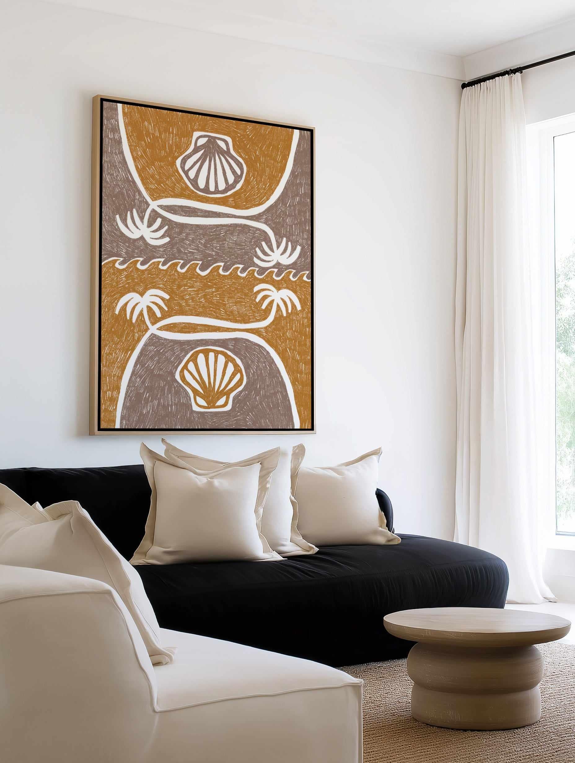 Wave Shells And Palm Trees Yellow Taupe by Shatha Al Dafai | Framed Canvas Art Print from Olive et Oriel where you can shop wallpaper and artworks online
