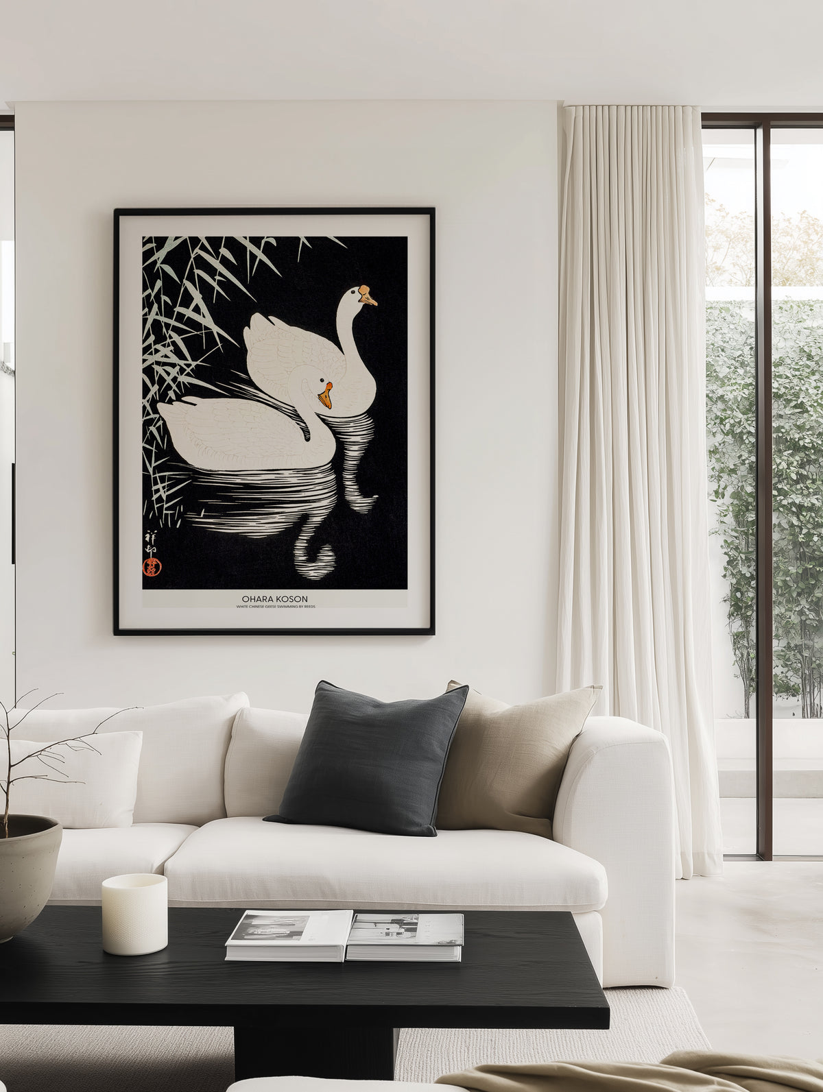 White Chinese Geese Swimming by Reeds | Art Print