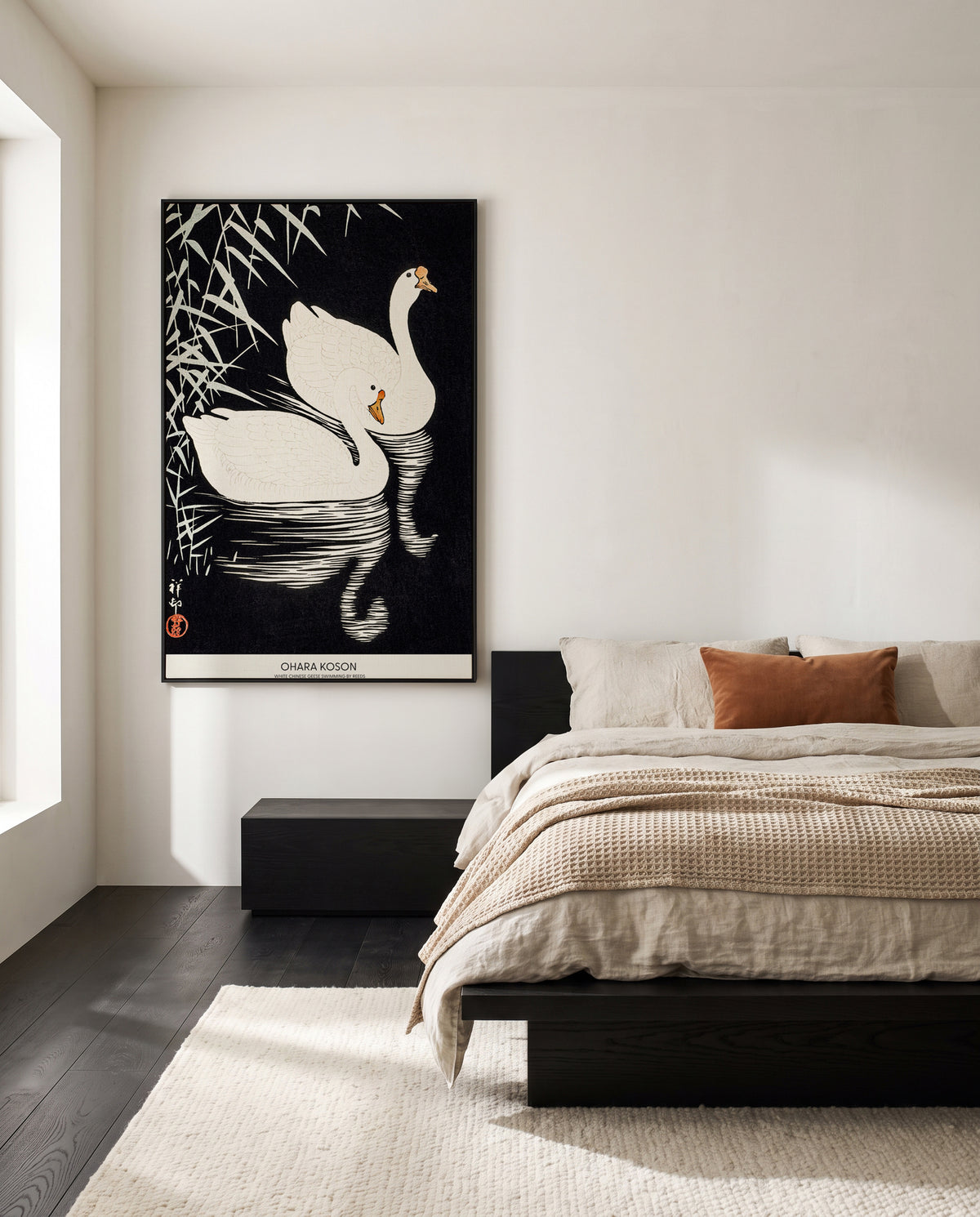 White Chinese Geese Swimming by Reeds | Framed Canvas Art Print