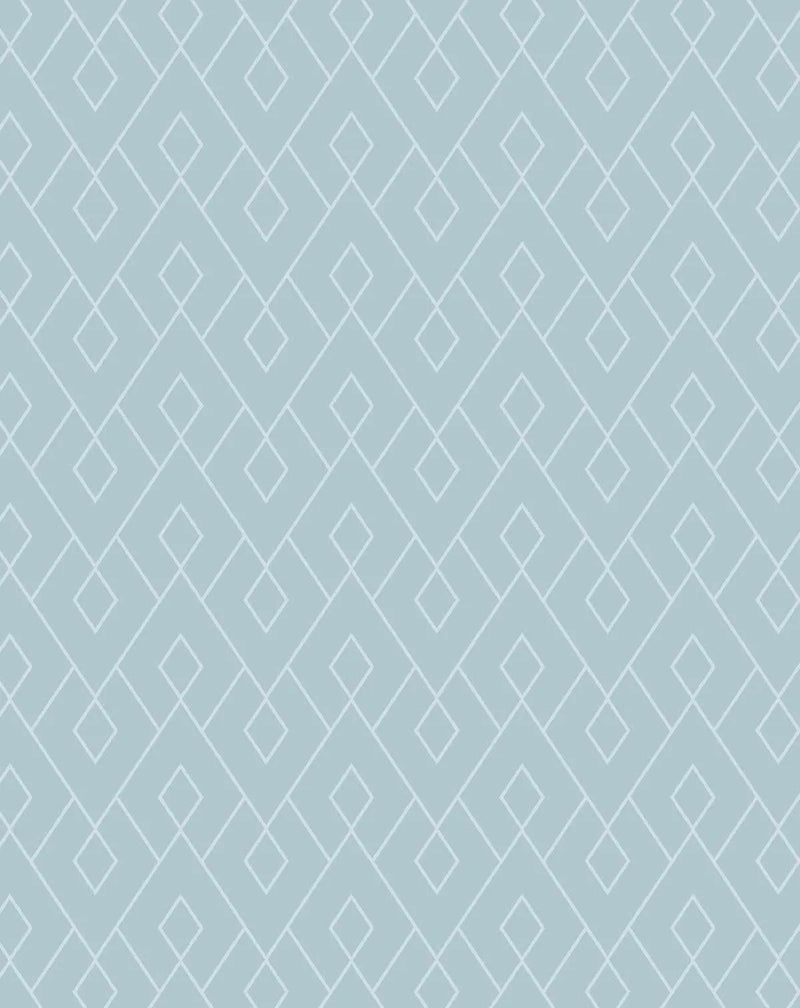 Waikiki Wallpaper features a geometric diamond pattern in soft white outlines on a muted seafoam blue-green background. The design repeats uniformly across the surface, with alternating sized diamonds arranged in diagonal rows creating a classic, contemporary aesthetic. The wallpaper has a flat, printed finish with clean lines and balanced spacing throughout.