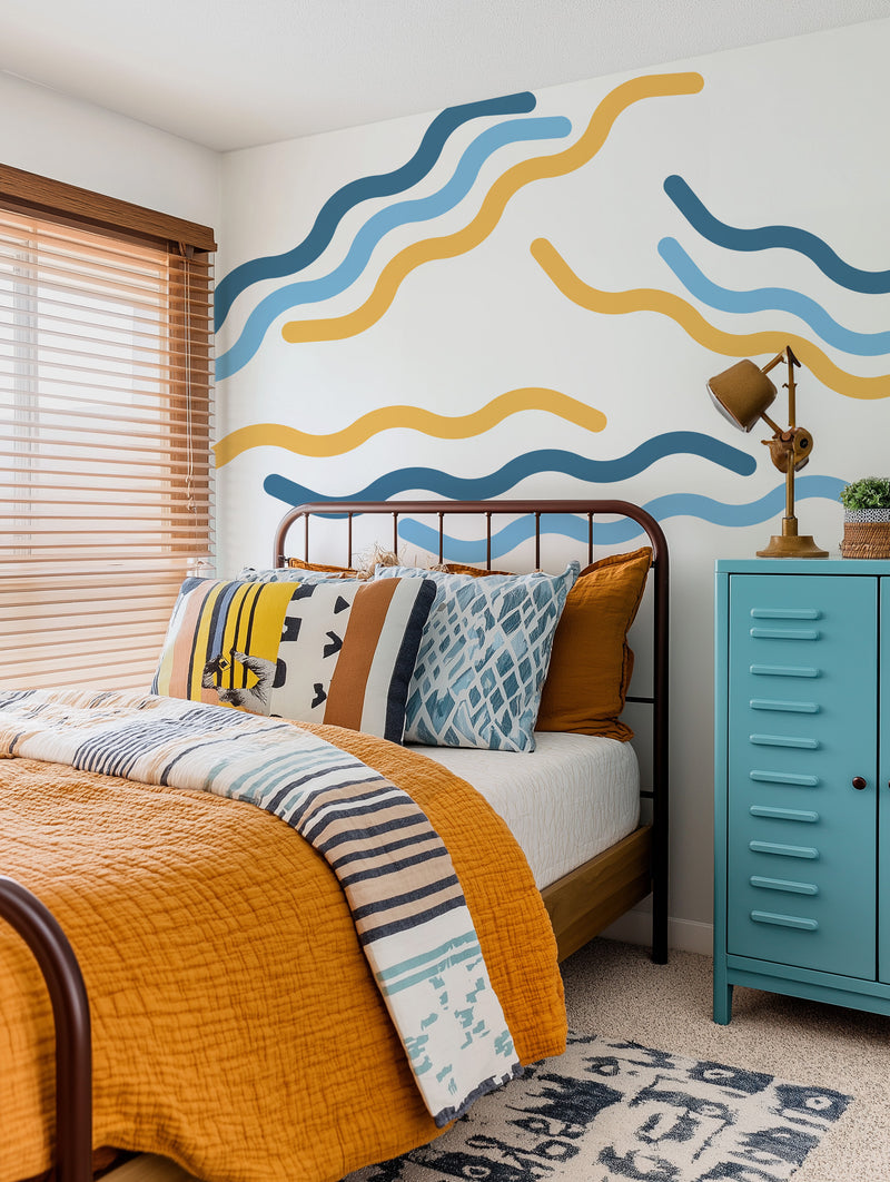 Wall Squiggles in Blue & yellow Wall Decals from Olive et Oriel where you can shop wallpaper and artworks online