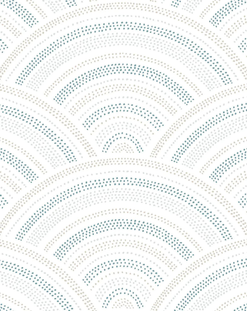 Peel and stick wallpaper featuring a repeating pattern of hand-drawn dotted lines forming concentric arcs, resembling a fan or rainbow. The dots are in varying shades of muted blue, light grey, and off-white, creating a soft, textured effect on a clean white background.