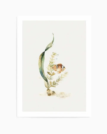 Watercolour art print featuring a single clownfish swimming amongst delicate green and brown seaweed and small air bubbles, set against a clean white background. The fish has orange and white stripes with black outlines, and the seaweed has a soft, flowing quality.