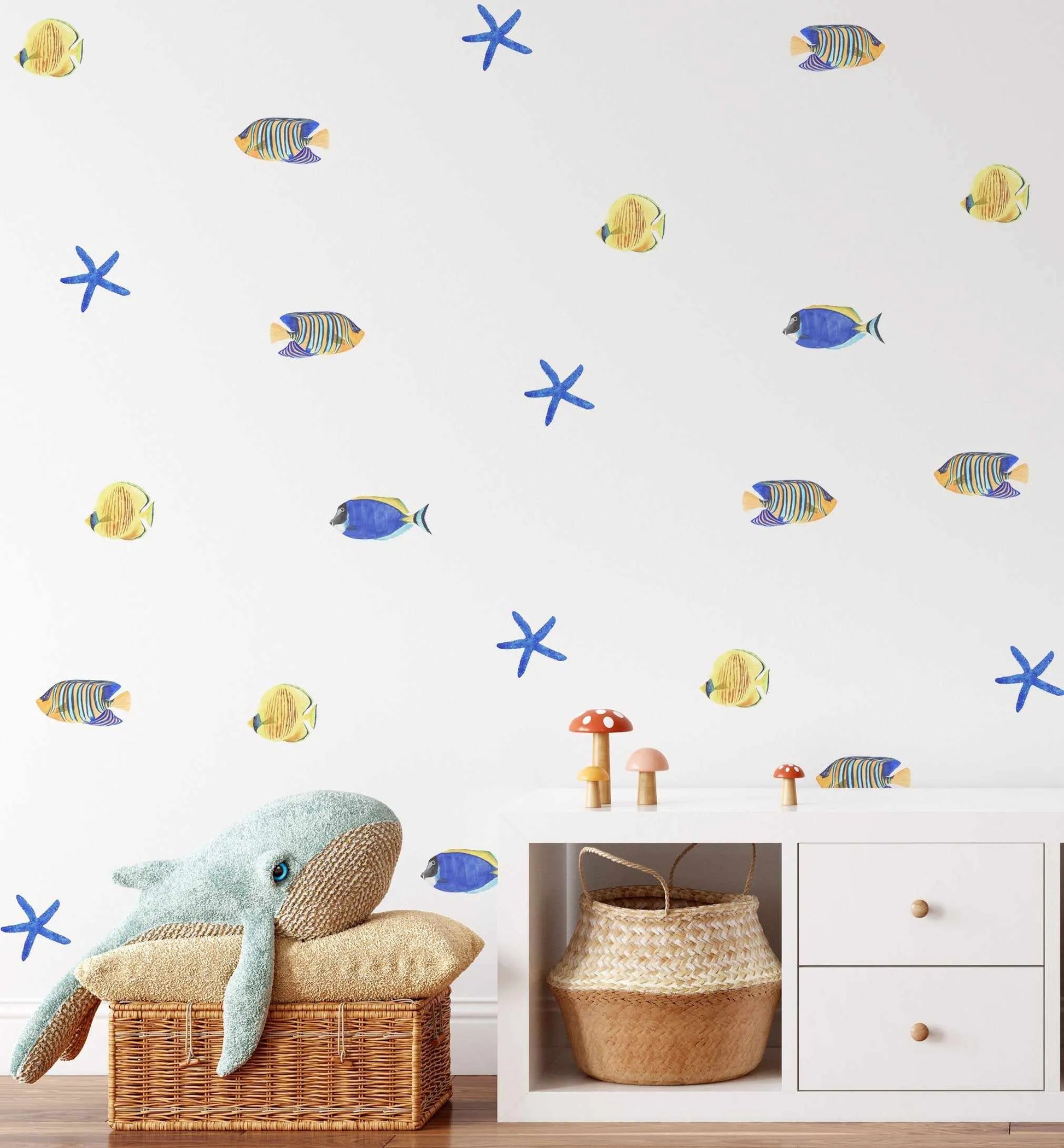 Watercolour Fish Decal Set-Decals-Olive et Oriel-Decorate your kids bedroom wall decor with removable wall decals, these fabric kids decals are a great way to add colour and update your children's bedroom. Available as girls wall decals or boys wall decals, there are also nursery decals.