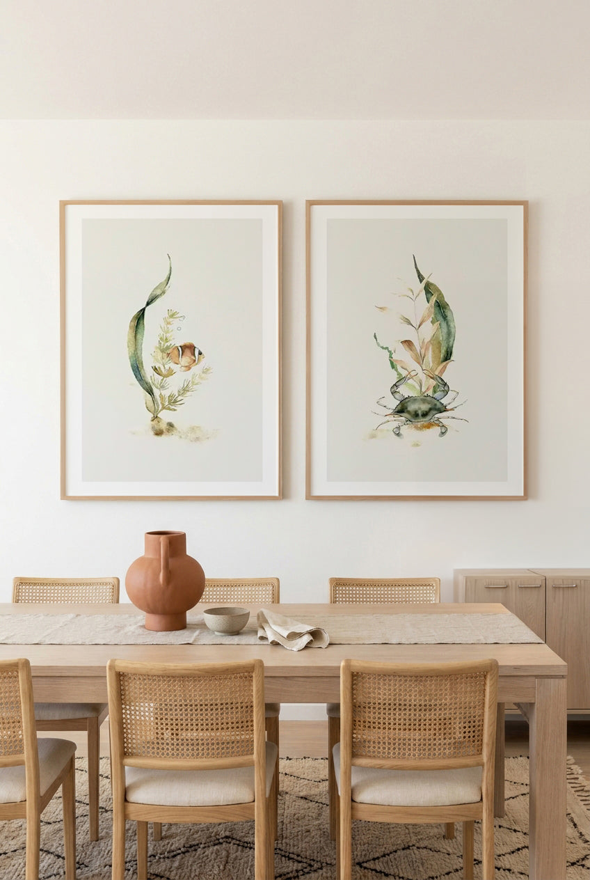 Watercolour Fish & Crab Art Print Set of 2 | Matching Wall Art
