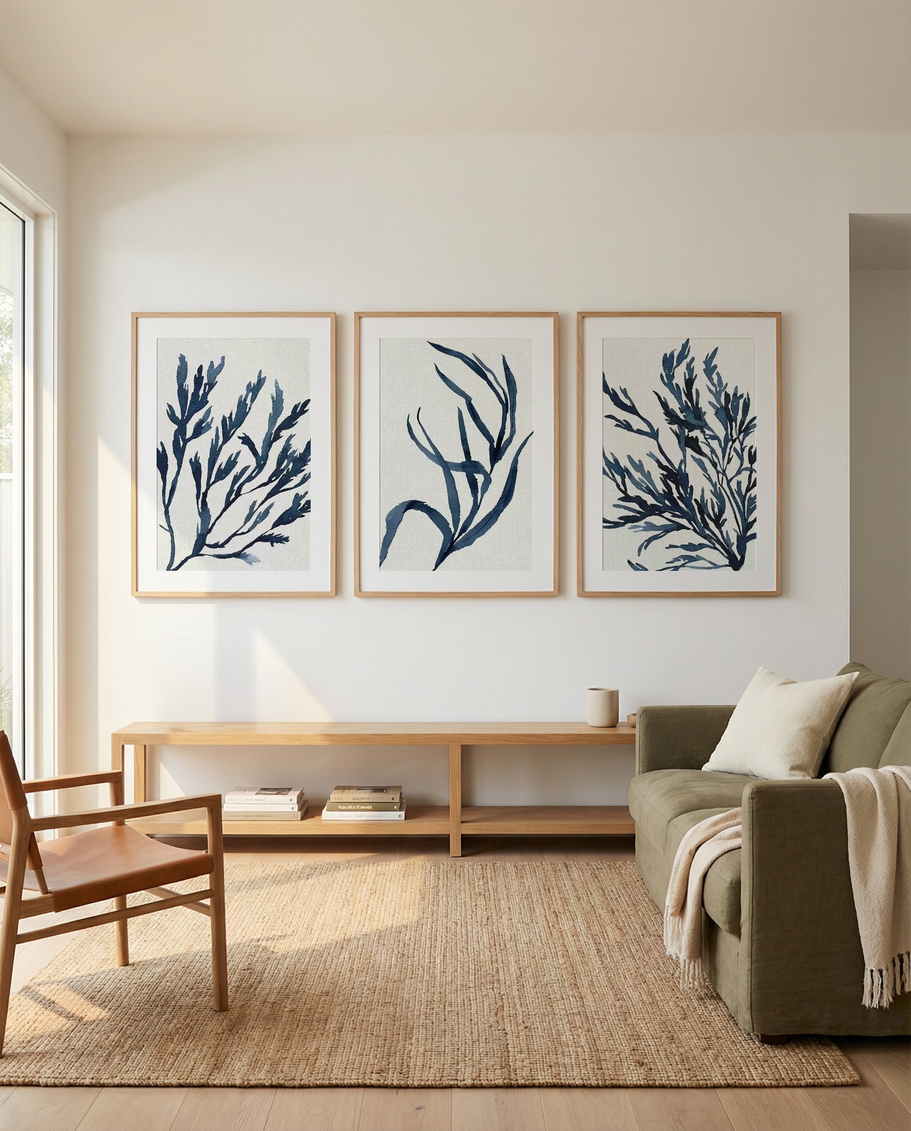 Watercolour Seagrass I, II & III | 3 Piece Wall Art Set in Blue art print oak frame with white border