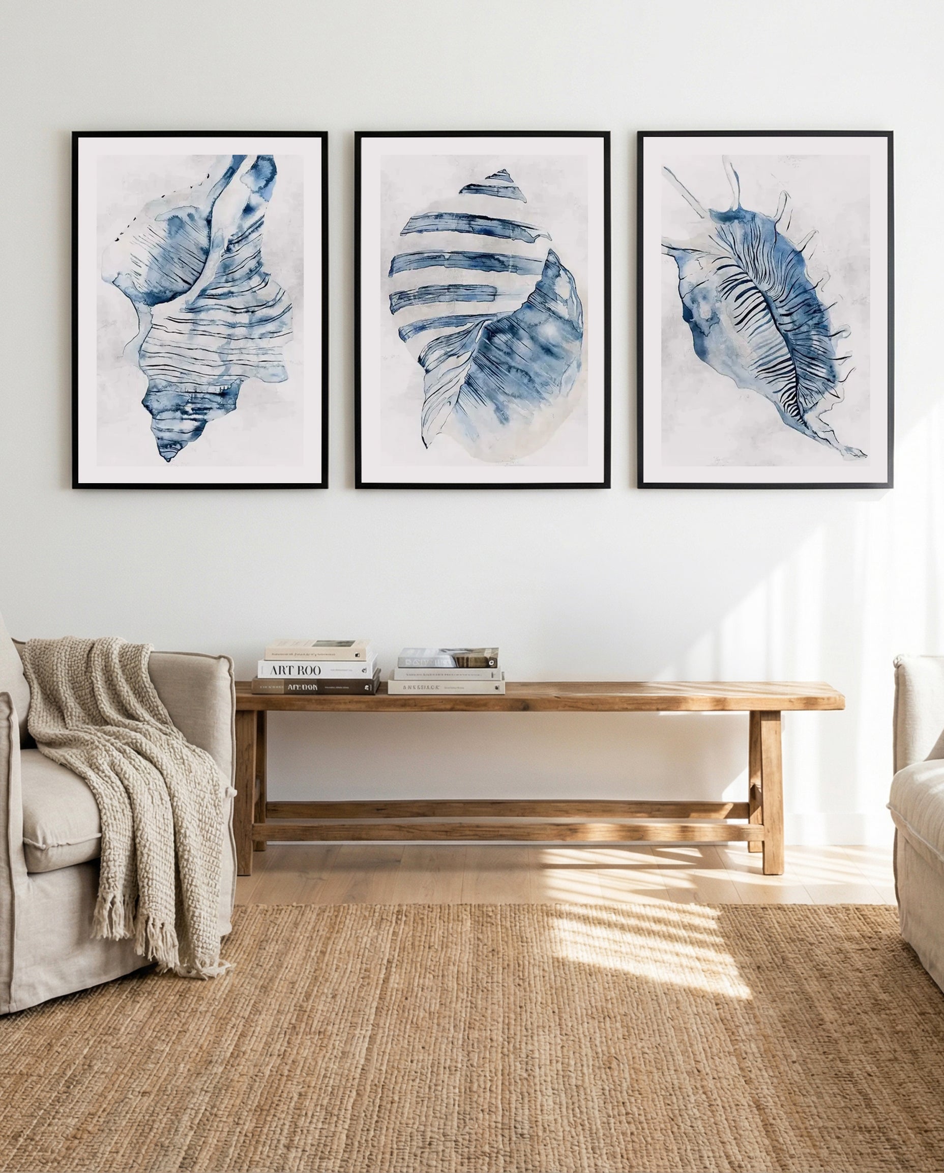 Watercolour Shell I, II & III by Jess Mckinnon | 3 Piece Wall Art Set in Blue art print oak frame with white border