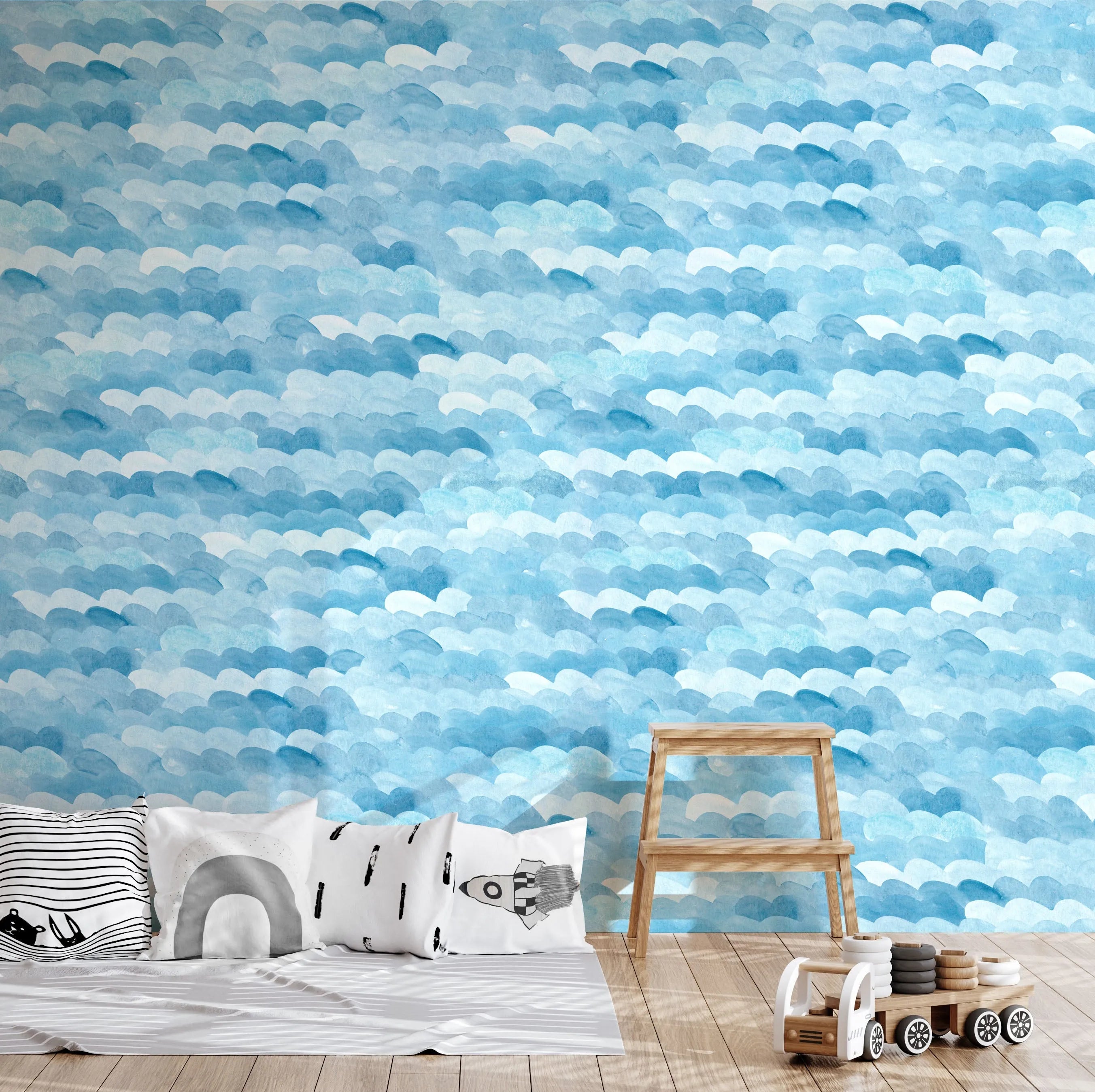 Watercolour Waves in Bright Blue Wallpaper from Olive et Oriel where you can shop wallpaper and artworks online