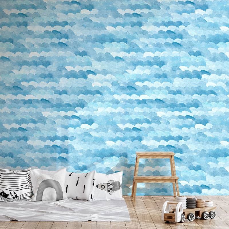 Watercolour Waves in Bright Blue Wallpaper from Olive et Oriel where you can shop wallpaper and artworks online