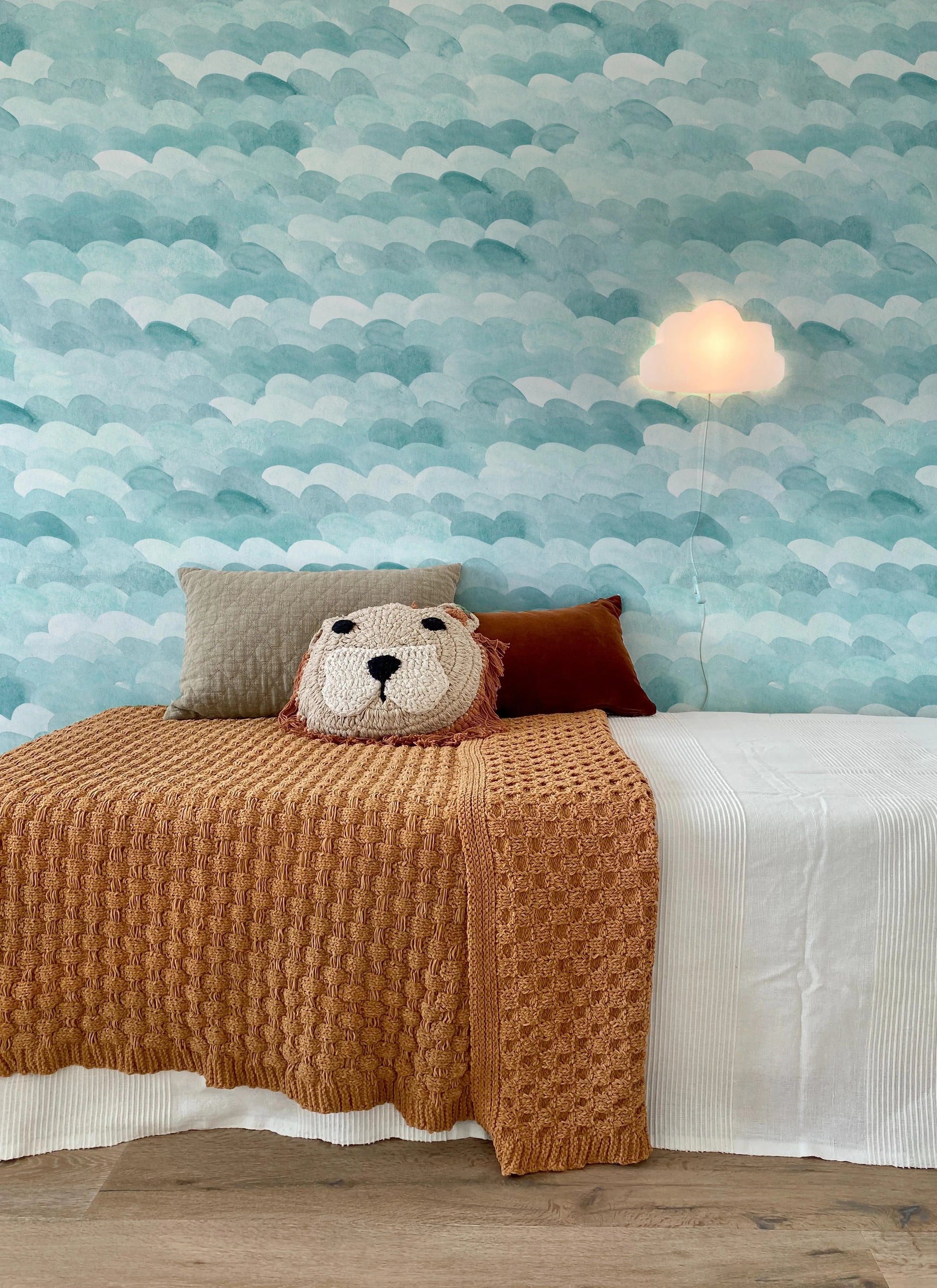 Watercolour Waves in Teal Wallpaper from Olive et Oriel where you can shop wallpaper and artworks online
