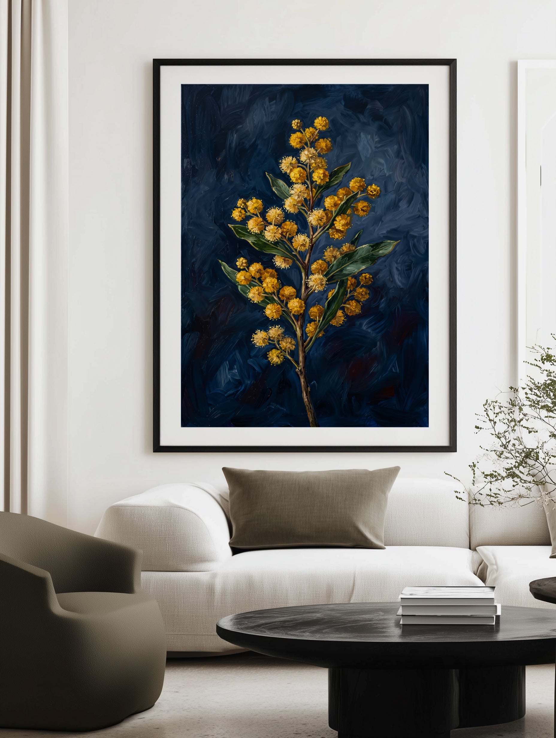 Wattle On Navy Botanicals Study | Art Print