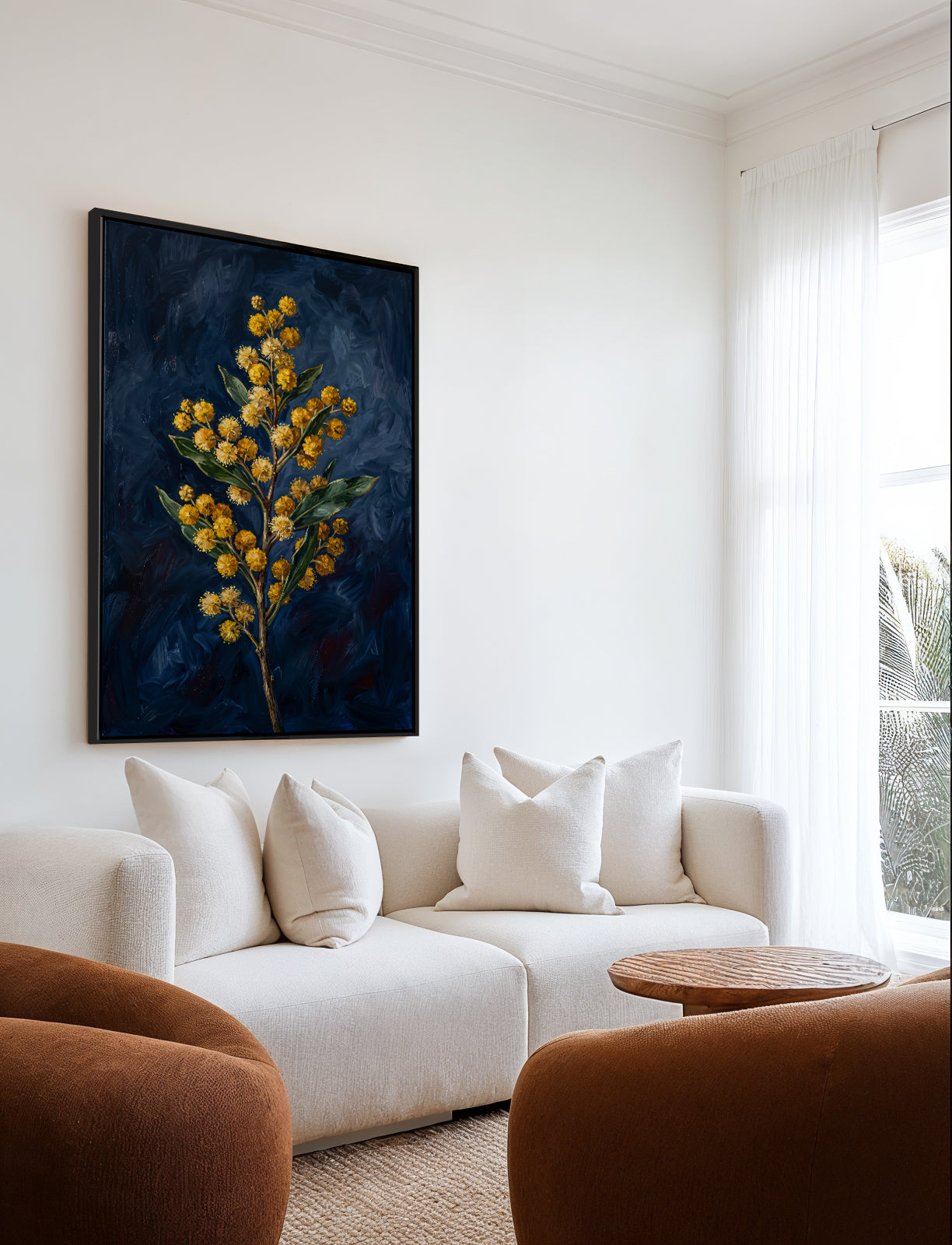 Wattle On Navy Botanicals Study | Framed Canvas Art Print