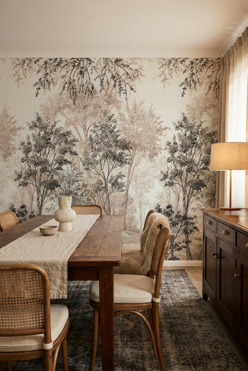 Wattle & Mist Panoramic Mural in Mushroom & Charcoal Wallpaper