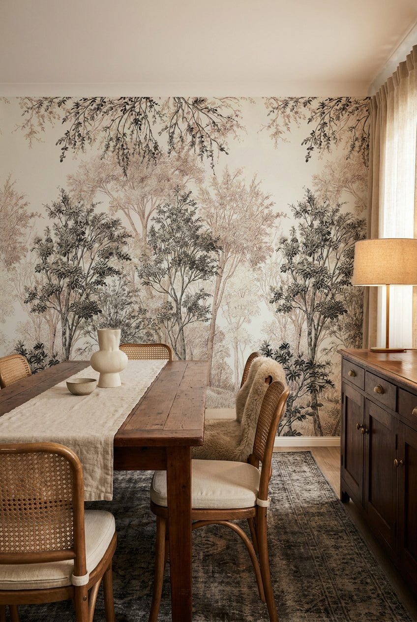 Wattle & Mist Panoramic Mural in Mushroom & Charcoal Wallpaper
