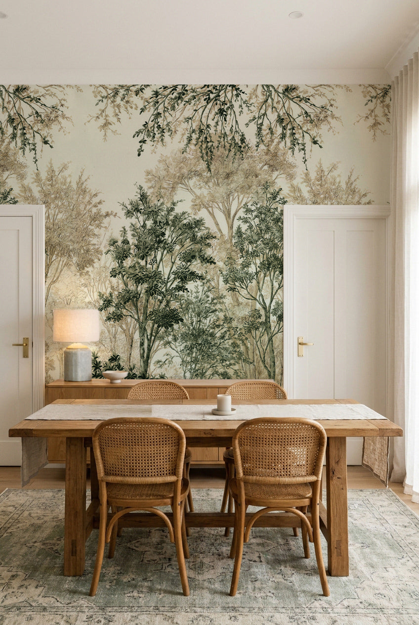 Wattle & Mist Panoramic Mural in Eucalyptus & Linen Wallpaper
