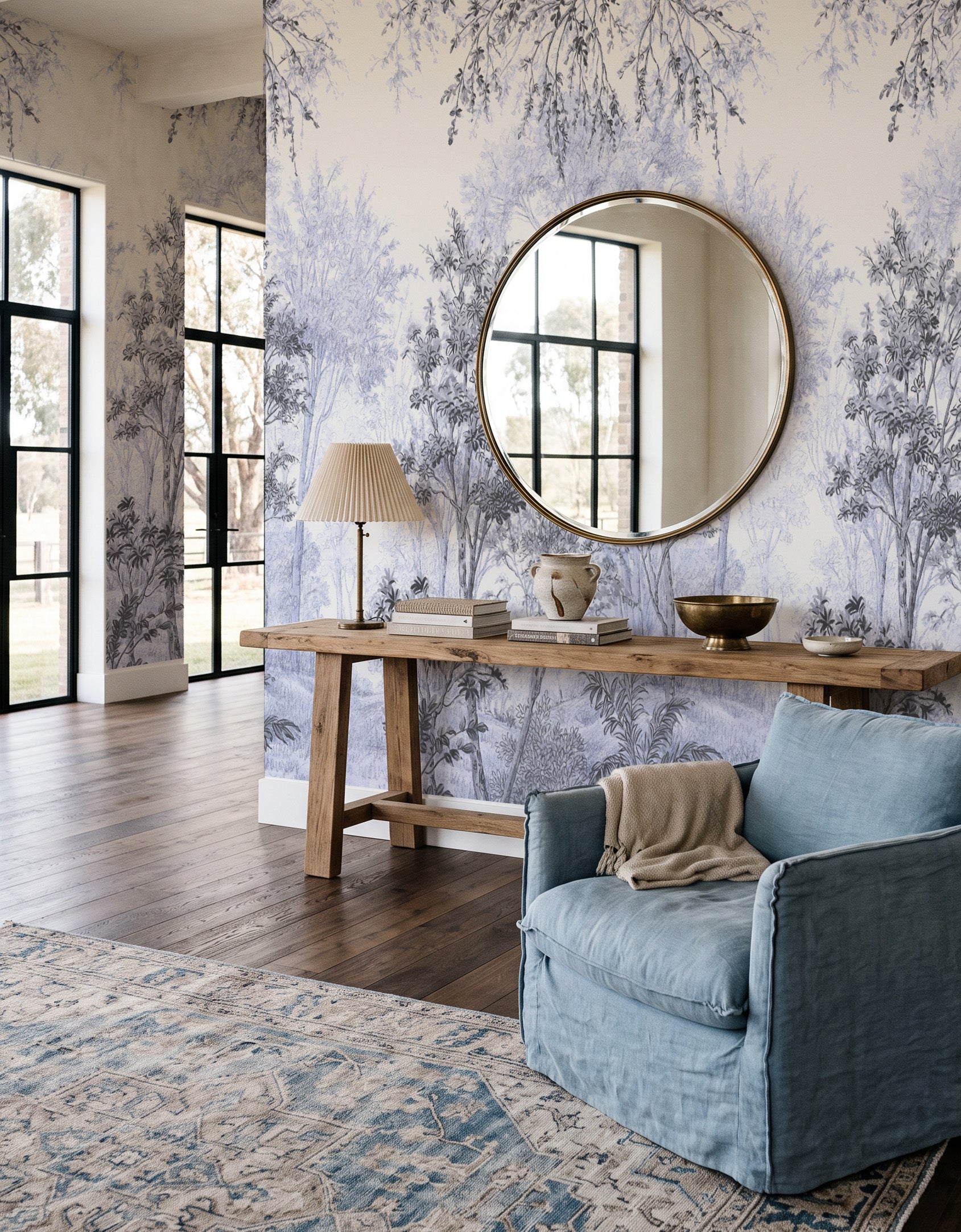 Wattle & Mist Panoramic Mural in Powder Blue & Slate Wallpaper