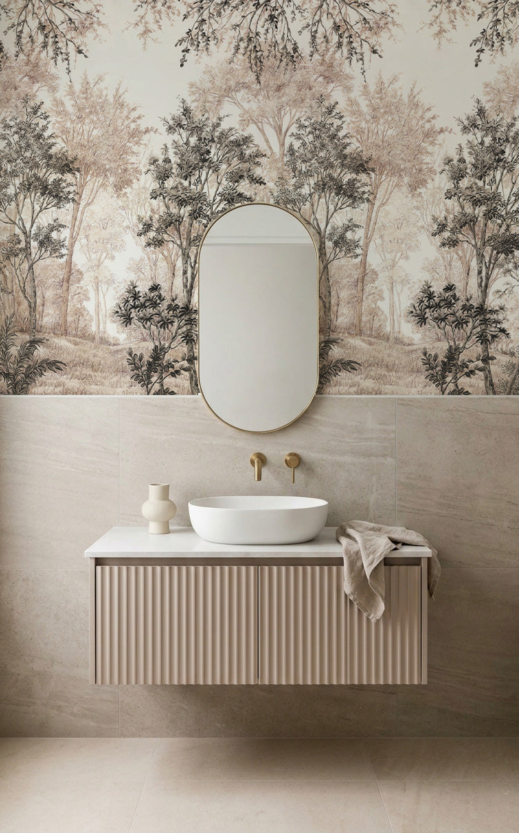 Wattle & Mist Panoramic Mural in Mushroom & Charcoal Wallpaper
