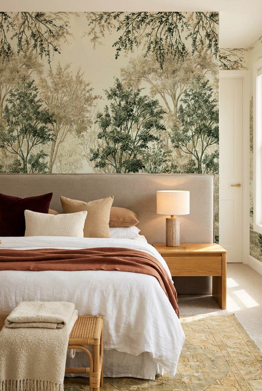 Wattle & Mist Panoramic Mural in Eucalyptus & Linen Wallpaper