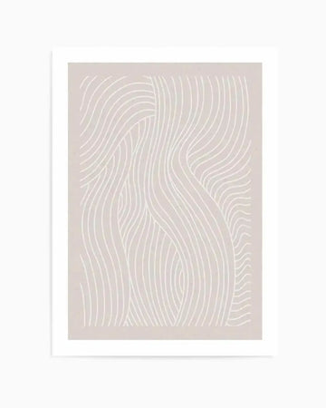 Abstract art print featuring a pattern of undulating white lines on a pale beige background, creating a flowing, organic composition reminiscent of gentle waves or natural textures. Printed on fine art paper with a matte finish.