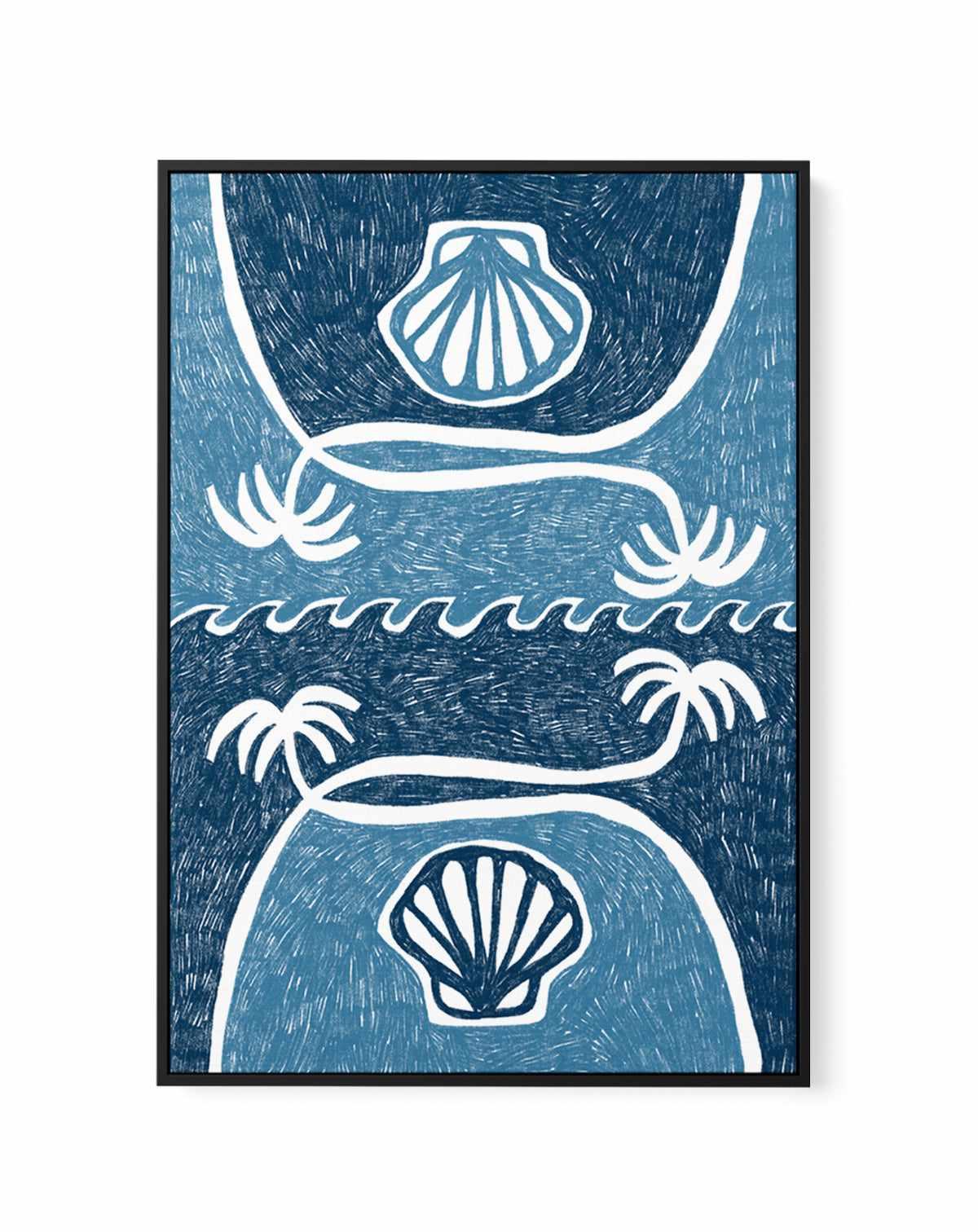 Wave Shells And Palm Trees Blue by Shatha Al Dafai | Framed Canvas Art Print from Olive et Oriel where you can shop wallpaper and artworks online
