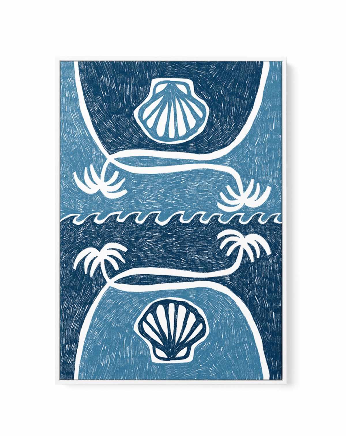 Wave Shells And Palm Trees Blue by Shatha Al Dafai | Framed Canvas Art Print from Olive et Oriel where you can shop wallpaper and artworks online