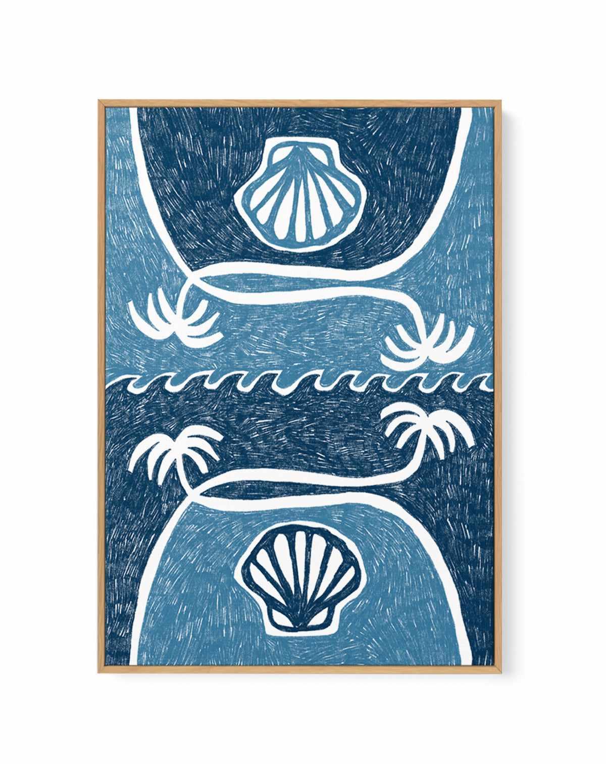 Wave Shells And Palm Trees Blue by Shatha Al Dafai | Framed Canvas Art Print from Olive et Oriel where you can shop wallpaper and artworks online