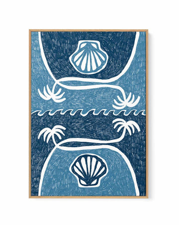 Wave Shells And Palm Trees Blue by Shatha Al Dafai | Framed Canvas Art Print from Olive et Oriel where you can shop wallpaper and artworks online