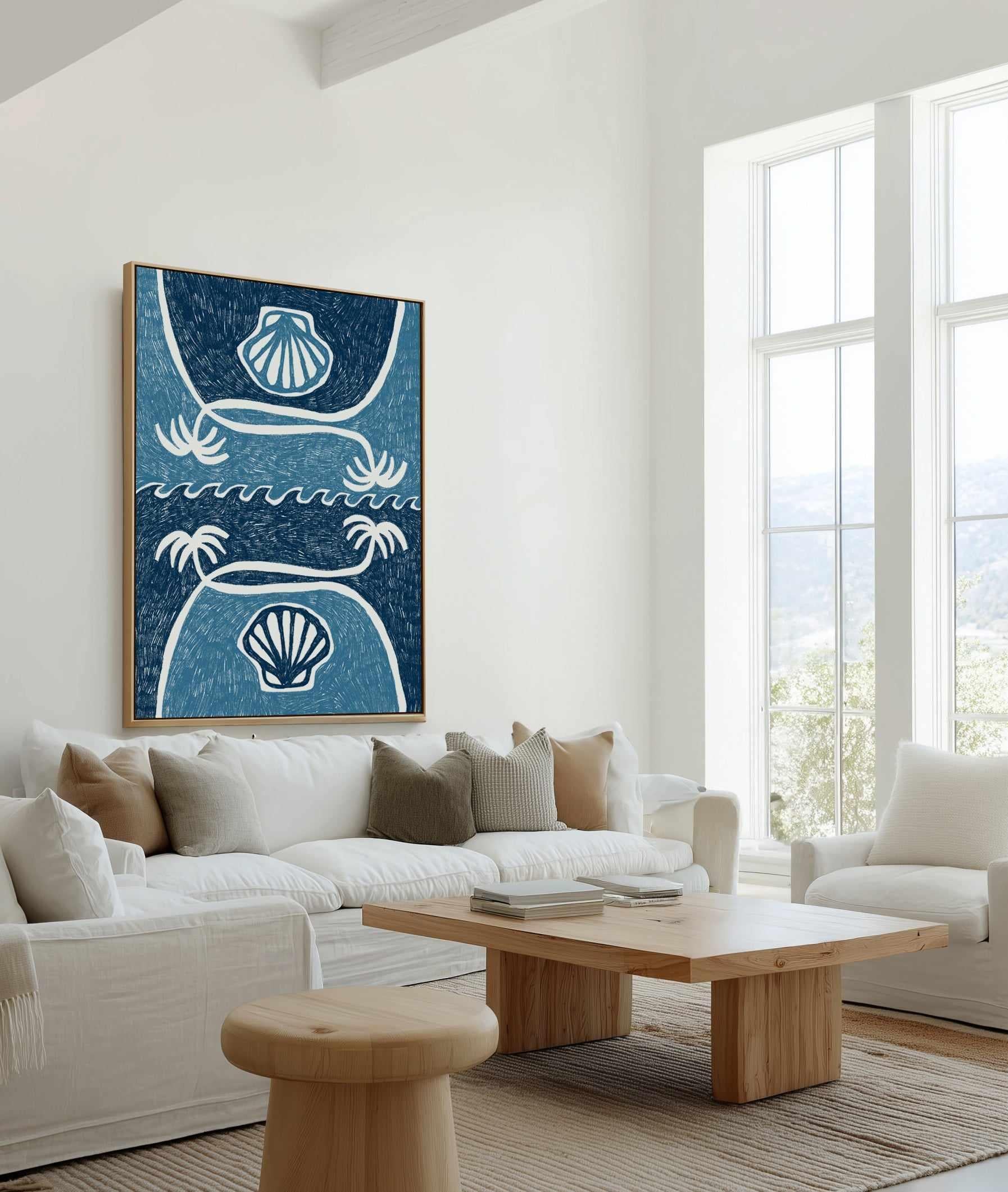 Wave Shells And Palm Trees Blue by Shatha Al Dafai | Framed Canvas Art Print from Olive et Oriel where you can shop wallpaper and artworks online