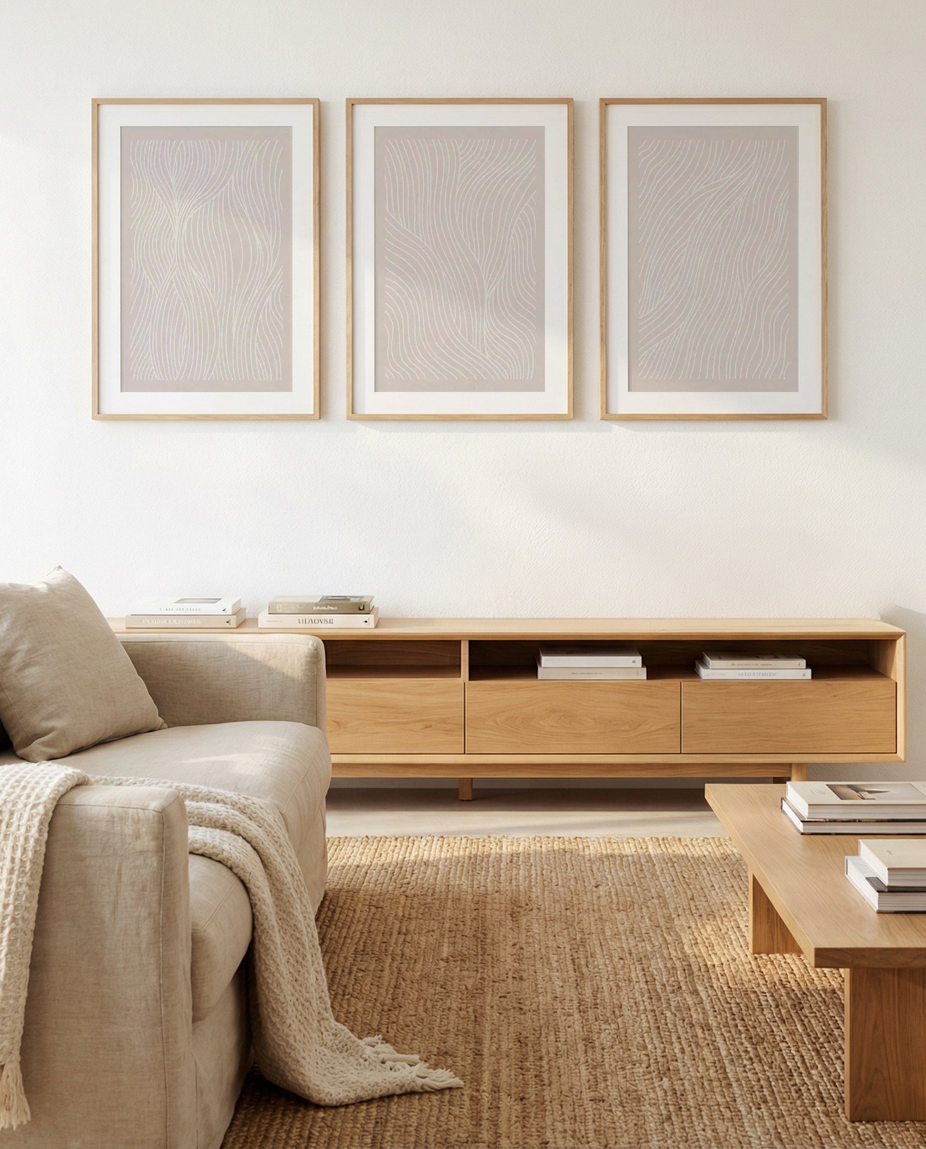 Wave Lines I, II & III | 3 Piece Wall Art Set in Beige abstract art print oak frame with white border