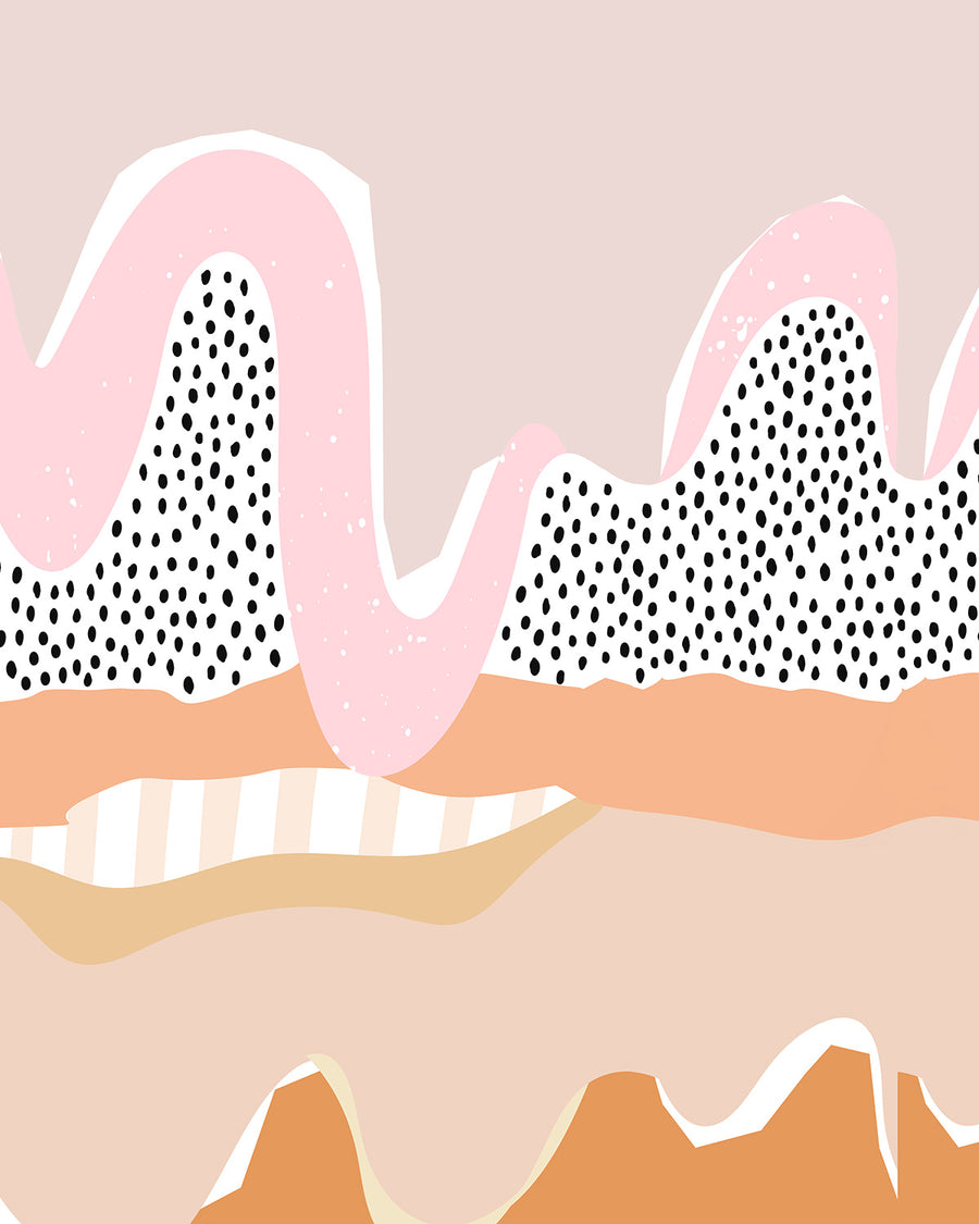 Waves & Spots Mural in Pink & Orange Commercial Vinyl Wallcovering from Olive et Oriel where you can shop wallpaper and artworks online