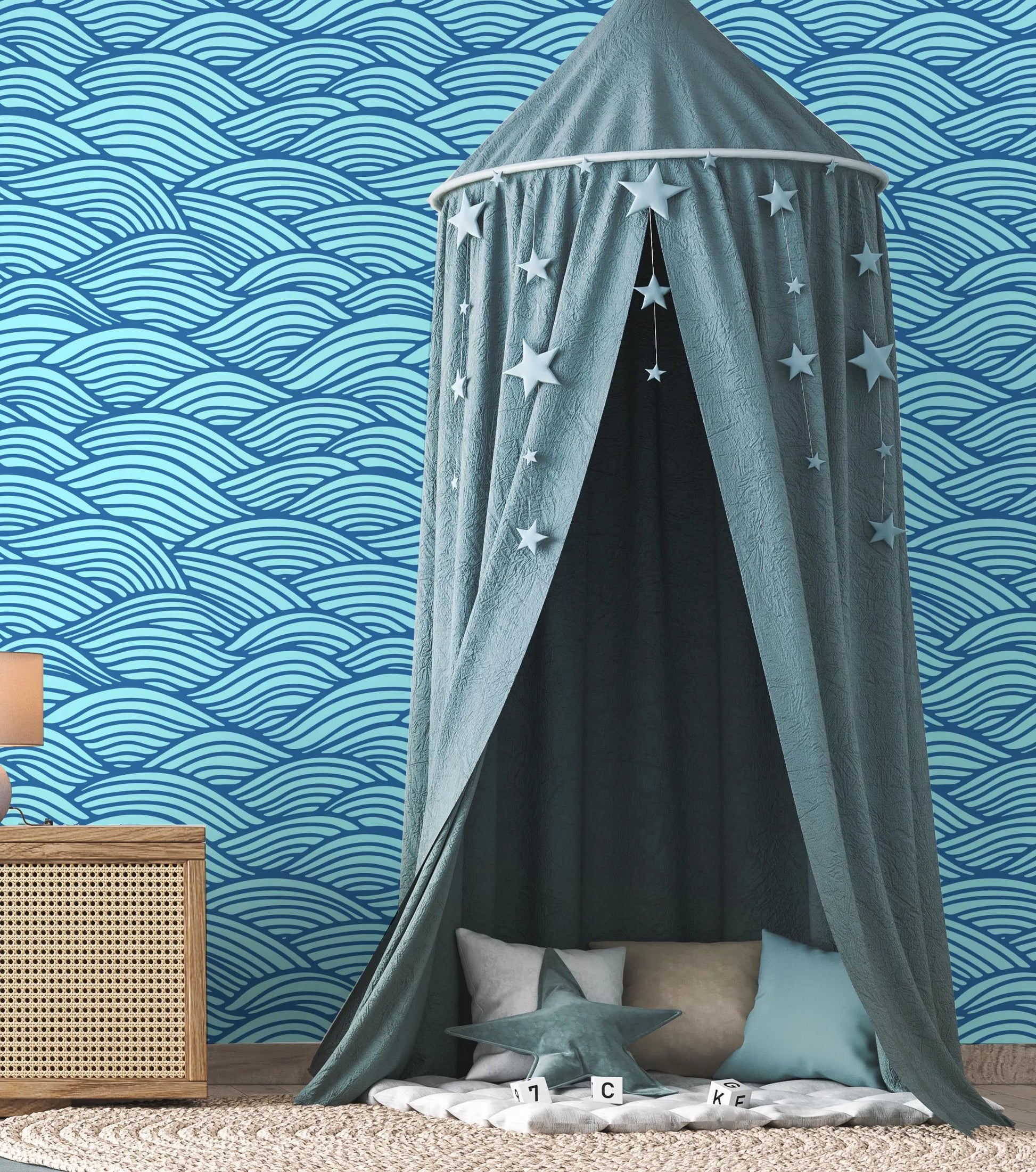 Waves for Days in Bright Blue Wallpaper from Olive et Oriel where you can shop wallpaper and artworks online