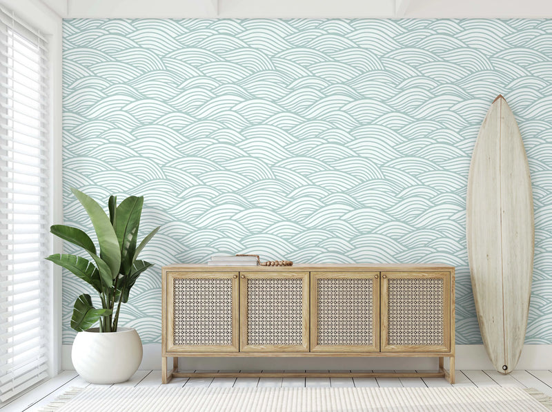 Waves for Days in Seafoam Wallpaper from Olive et Oriel where you can shop wallpaper and artworks online