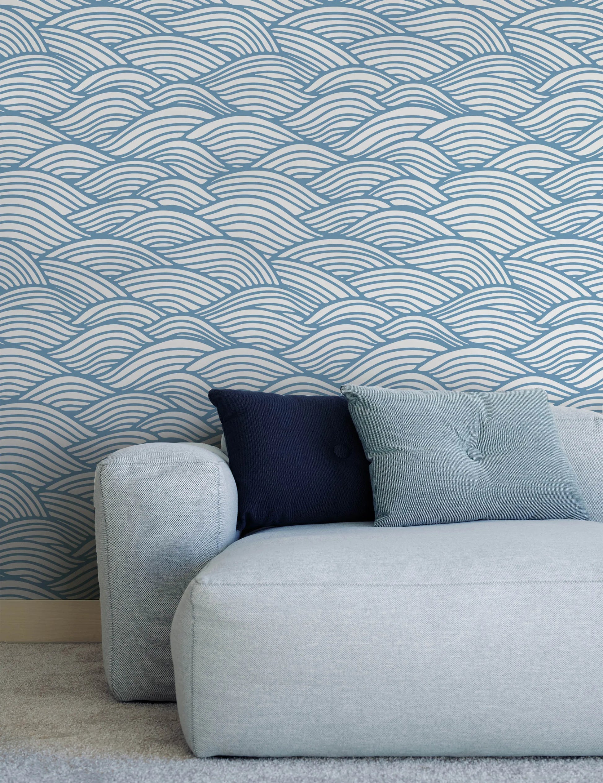 Waves for Days in Soft Blue Wallpaper from Olive et Oriel where you can shop wallpaper and artworks online