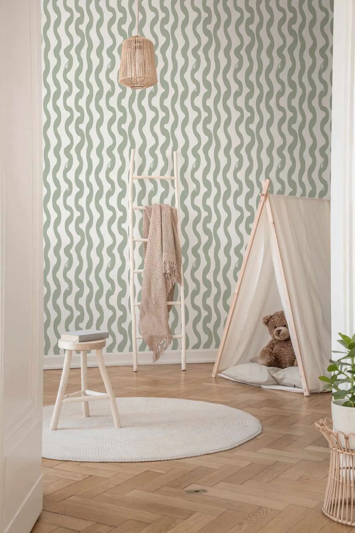 Wavey Lines Wallpaper in Eucalyptus-Wallpaper-Buy Kids Removable Wallpaper Online Our Custom Made Children‚àö¬¢‚Äö√á¬®‚Äö√ë¬¢s Wallpapers Are A Fun Way To Decorate And Enhance Boys Bedroom Decor And Girls Bedrooms They Are An Amazing Addition To Your Kids Bedroom Walls Our Collection of Kids Wallpaper Is Sure To Transform Your Kids Rooms Interior Style From Pink Wallpaper To Dinosaur Wallpaper Even Marble Wallpapers For Teen Boys Shop Peel And Stick Wallpaper Online Today With Olive et Oriel