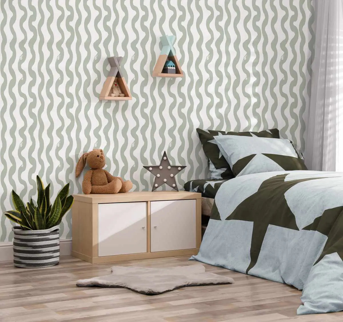 Wavey Lines Wallpaper in Eucalyptus-Wallpaper-Buy Kids Removable Wallpaper Online Our Custom Made Children‚àö¬¢‚Äö√á¬®‚Äö√ë¬¢s Wallpapers Are A Fun Way To Decorate And Enhance Boys Bedroom Decor And Girls Bedrooms They Are An Amazing Addition To Your Kids Bedroom Walls Our Collection of Kids Wallpaper Is Sure To Transform Your Kids Rooms Interior Style From Pink Wallpaper To Dinosaur Wallpaper Even Marble Wallpapers For Teen Boys Shop Peel And Stick Wallpaper Online Today With Olive et Oriel
