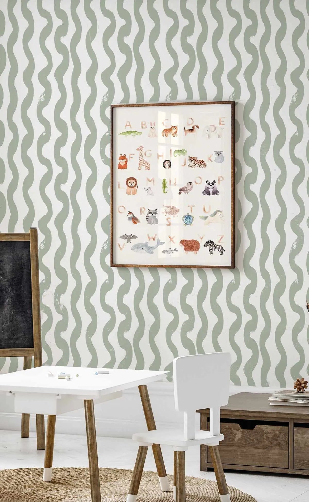 Wavey Lines Wallpaper in Eucalyptus-Wallpaper-Buy Kids Removable Wallpaper Online Our Custom Made Children‚àö¬¢‚Äö√á¬®‚Äö√ë¬¢s Wallpapers Are A Fun Way To Decorate And Enhance Boys Bedroom Decor And Girls Bedrooms They Are An Amazing Addition To Your Kids Bedroom Walls Our Collection of Kids Wallpaper Is Sure To Transform Your Kids Rooms Interior Style From Pink Wallpaper To Dinosaur Wallpaper Even Marble Wallpapers For Teen Boys Shop Peel And Stick Wallpaper Online Today With Olive et Oriel