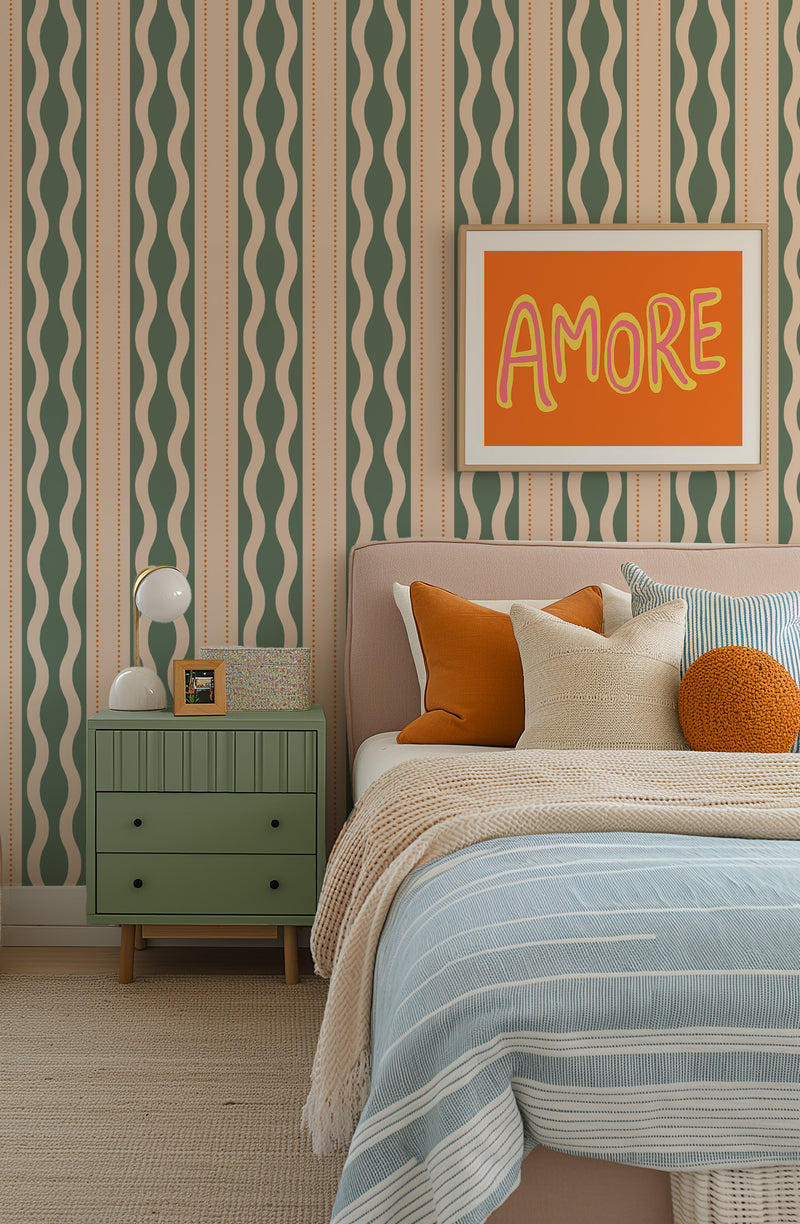 Wavy Tides in Green By the Roll Wallpaper from Olive et Oriel where you can shop wallpaper and artworks online