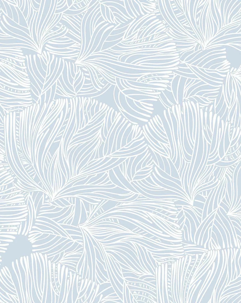 White Coral Wallpaper features an intricate line-drawn botanical design in white and cream tones against a soft blue-grey background. The pattern displays densely layered coral or feather-like organic shapes with fine linear details and delicate striations throughout. The design creates a flowing, naturalistic composition with repeating motifs that fill the entire surface, evoking an underwater or botanical aesthetic with a calm, serene mood.