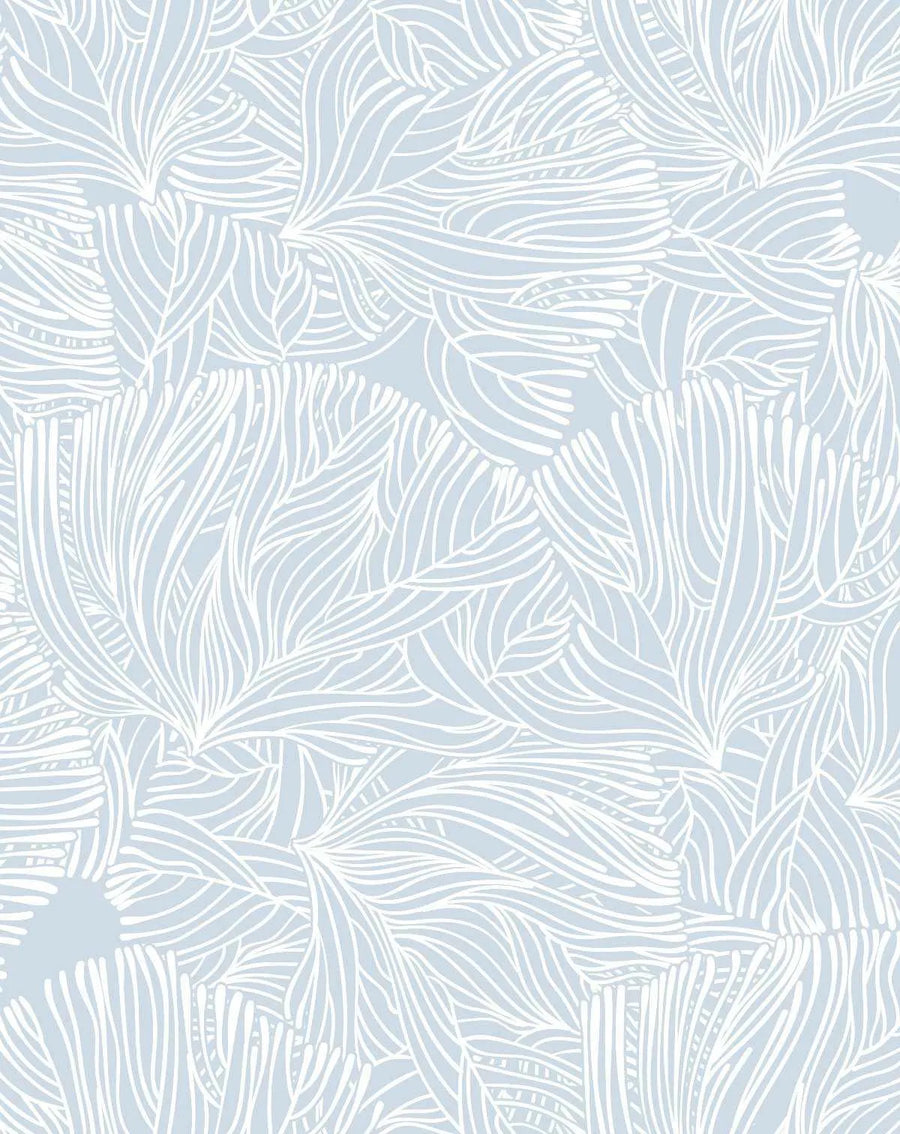 White Coral Wallpaper features an intricate line-drawn botanical design in white and cream tones against a soft blue-grey background. The pattern displays densely layered coral or feather-like organic shapes with fine linear details and delicate striations throughout. The design creates a flowing, naturalistic composition with repeating motifs that fill the entire surface, evoking an underwater or botanical aesthetic with a calm, serene mood.