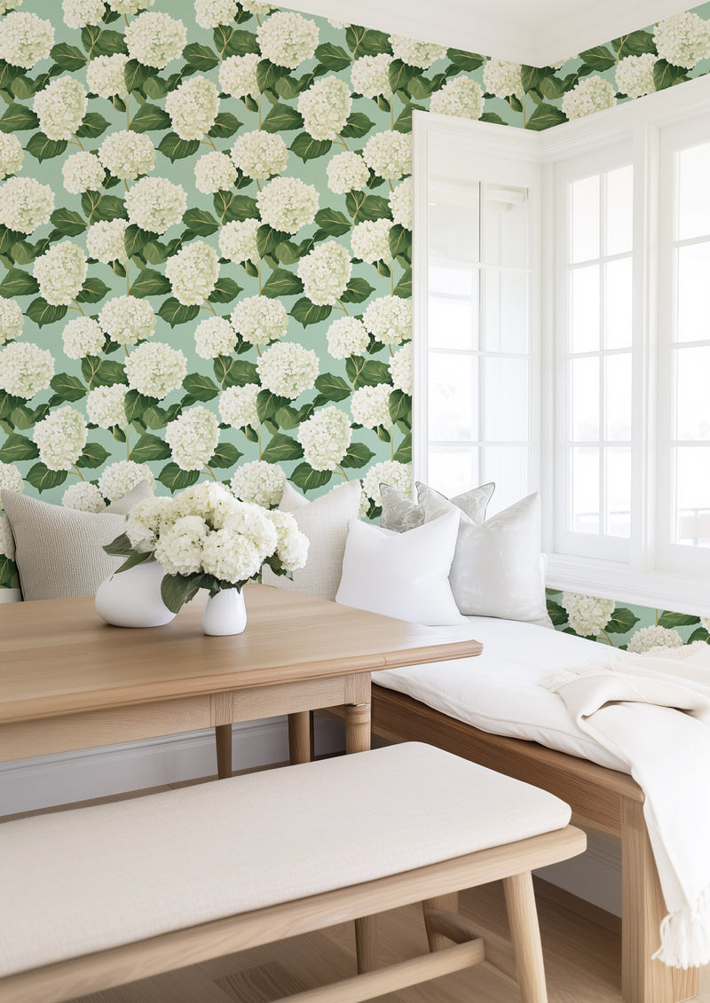 White Hydrangea on Mint Wallpaper from Olive et Oriel where you can shop wallpaper and artworks online